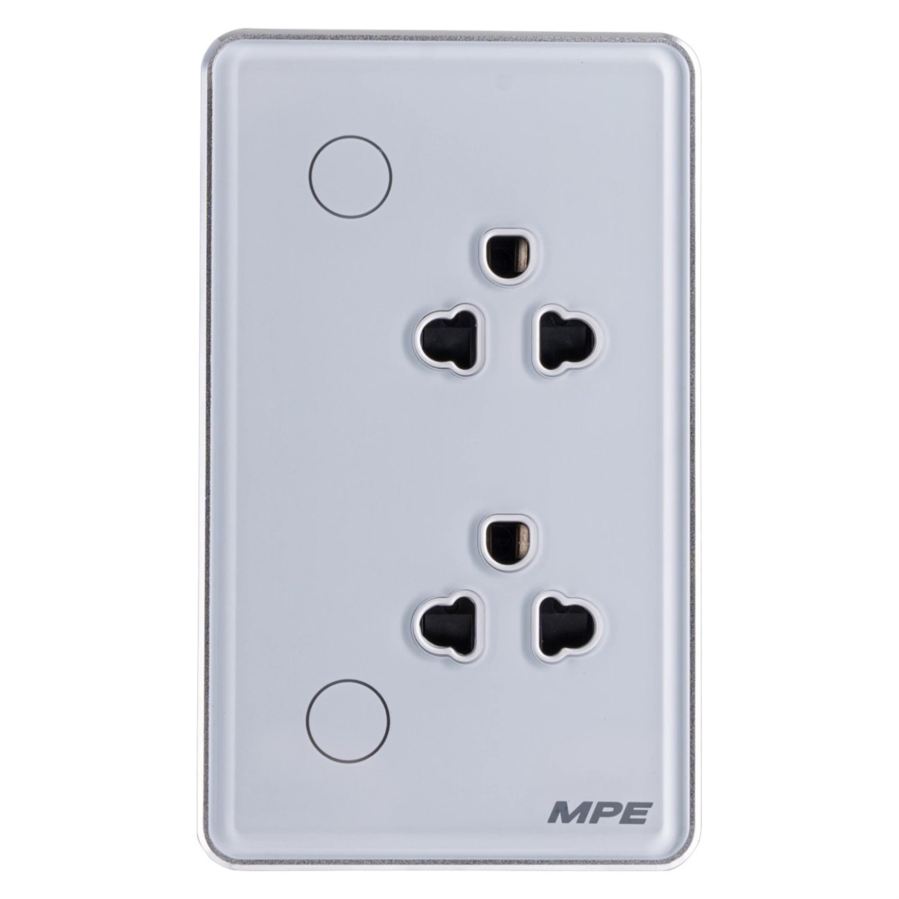 Mặt ổ cắm đôi 3 chấu màu trắng viền bạc MPE, điều khiển Wifi