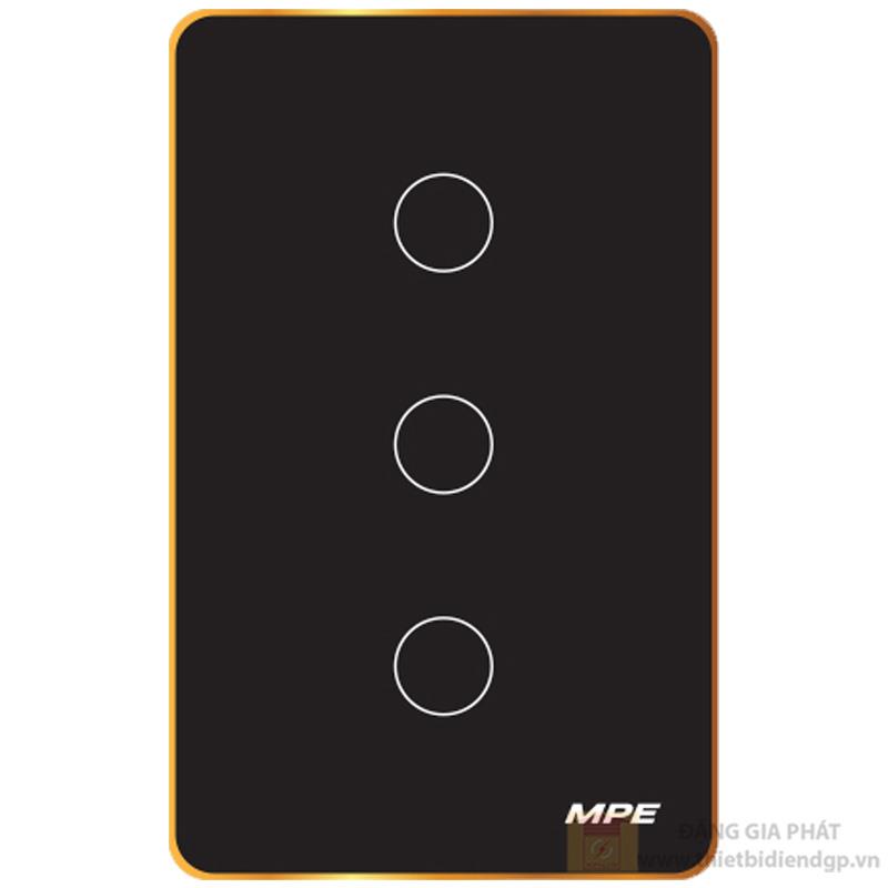 Mặt 3 công tắc thông minh MPE điều khiển Wifi màu đen viền vàng