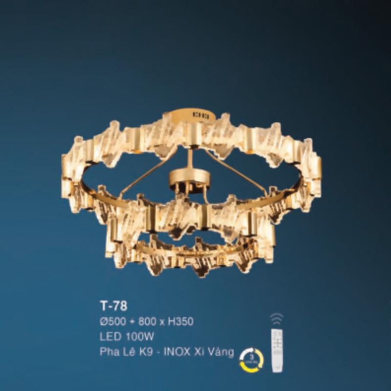 Đèn treo Ø500+ 800 × H350 LED 100W Pha Lê K9 - INOX Xi Vàng
