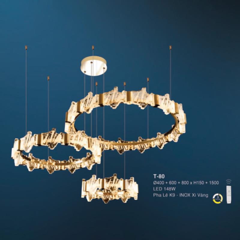 Đèn treo Ø400 +600 + 800 x H150 + 1500 LED 148W Pha Lê K9 - INOX Xi Vàng