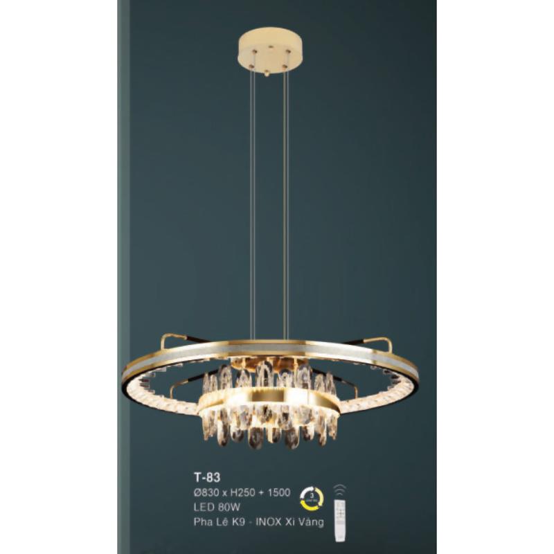 Đèn treo Ø830 xH250+1500 LED 80W Pha Lê K9 - INOX Xi Vàng