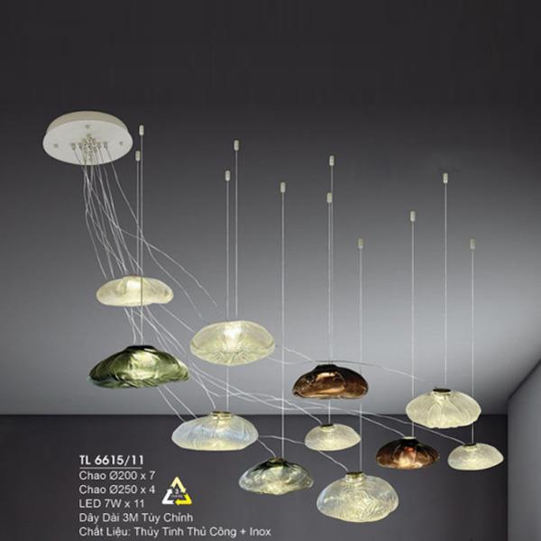 Đèn treo trần: Chao Ø200 x 7 - Chao Ø250 x 4 - LED 7W x 11 - dây dài 3M tùy chỉnh