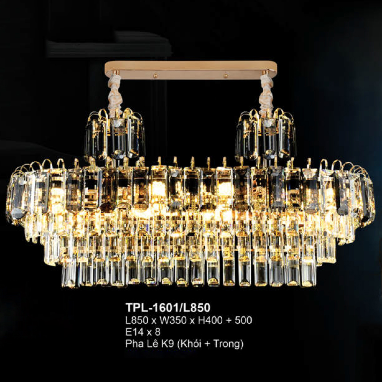 Đèn chùm pha lê Andora L850 x W350 x H400+500 E14 x 8 Pha Lê K9 (Khói + Trong)