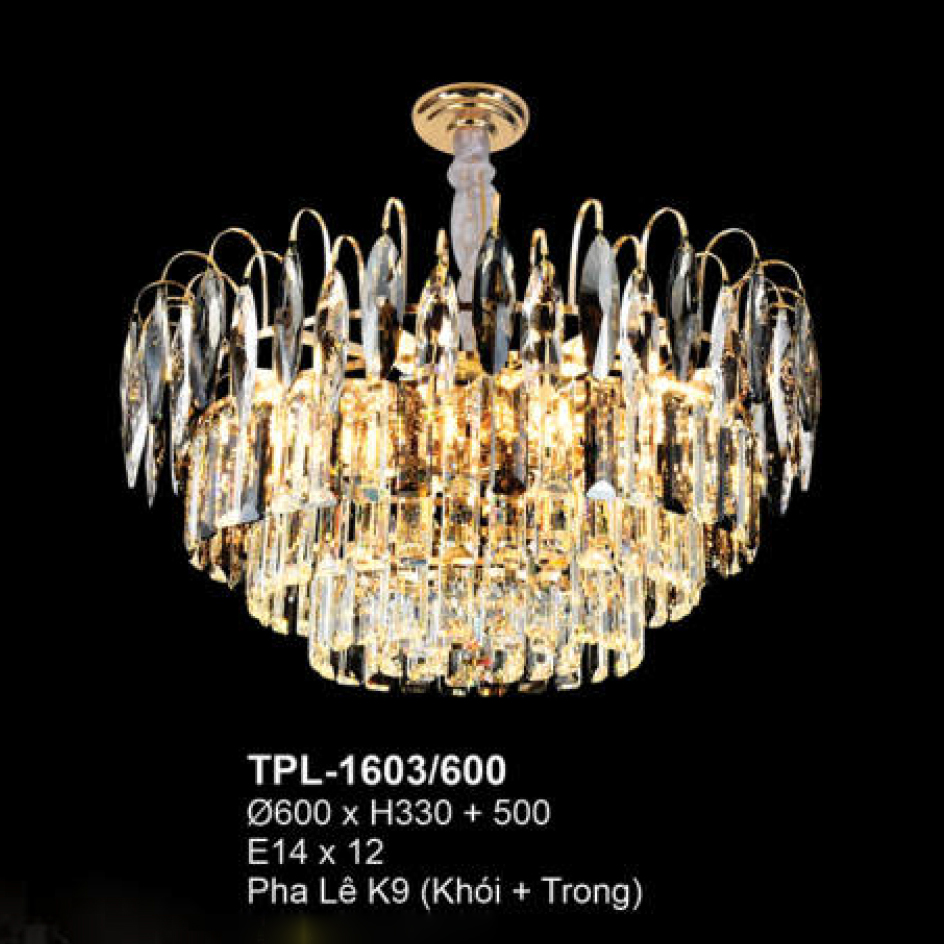 Đèn chùm pha lê Andora Ø600 x H330 + 500 E14 x 12 Pha Lê K9 (Khói + Trong)