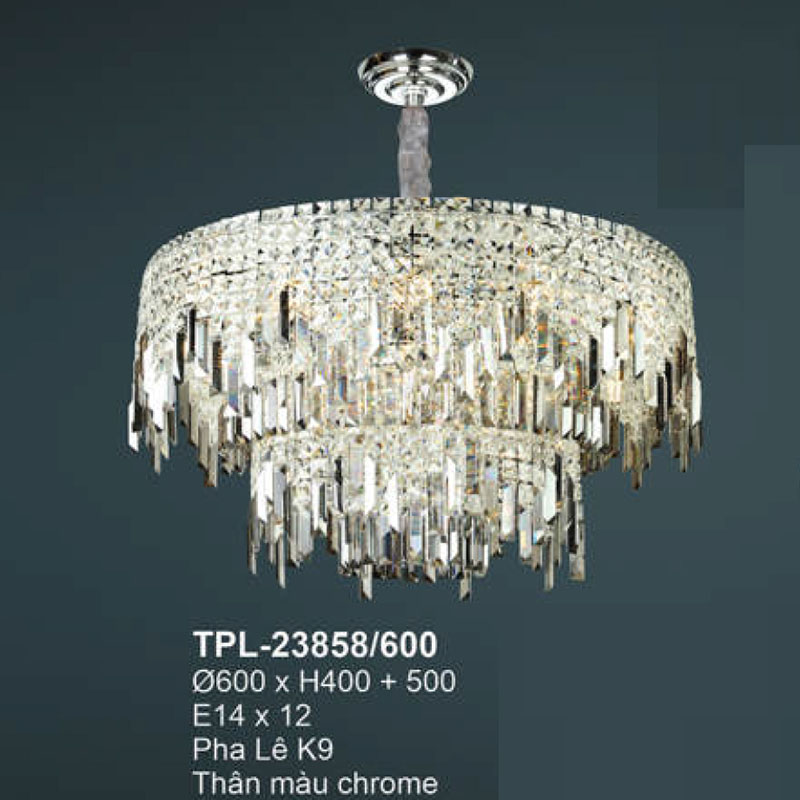 Đèn chùm pha lê Andora Ø600*H400+500-E14*12 Pha Lê K9 Thân màu chrome