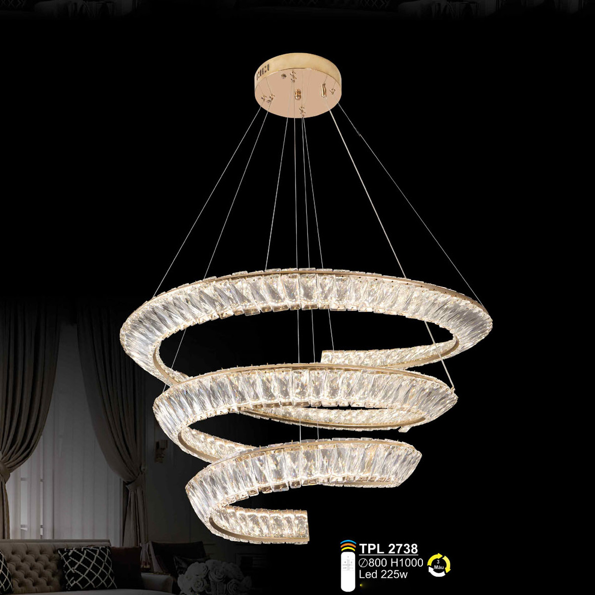 Đèn treo pha lê SANO LED 225W - Ø800*H1000 - 3 màu ánh sáng