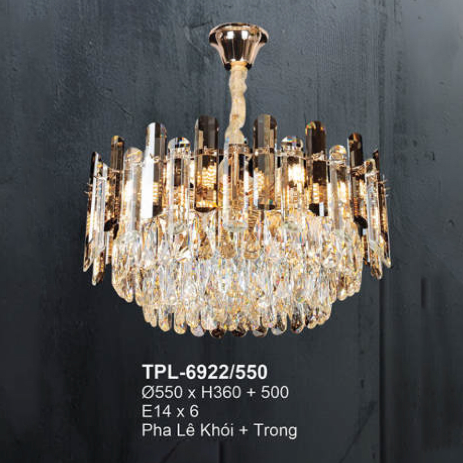 Đèn chùm pha lê Andora Ø550 x H360 + 500 E14 x 6 Pha Lê (Khói + Trong )