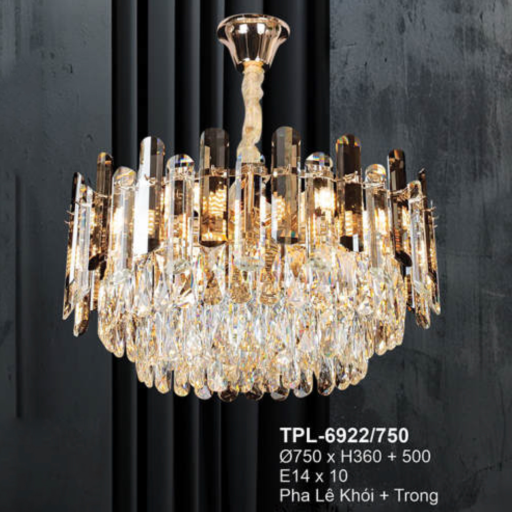 Đèn chùm pha lê Andora Ø750 x H360 + 500 E14 x 10 Pha Lê (Khói + Trong)