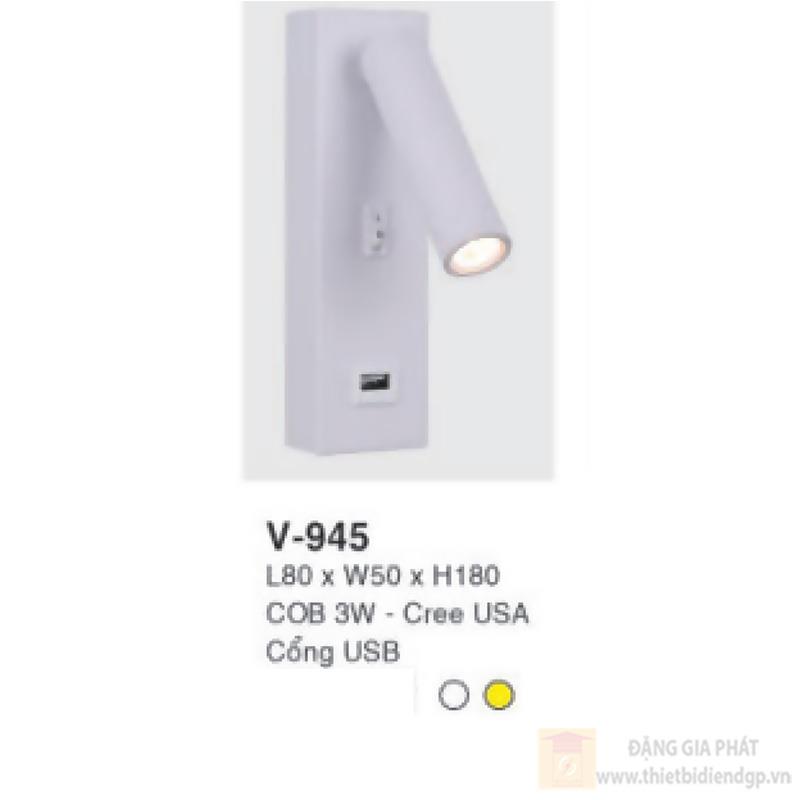 Đèn vách gắn đầu giường V-945 L80 x W50×H180 COB 3W - Cree USA Cổng USB