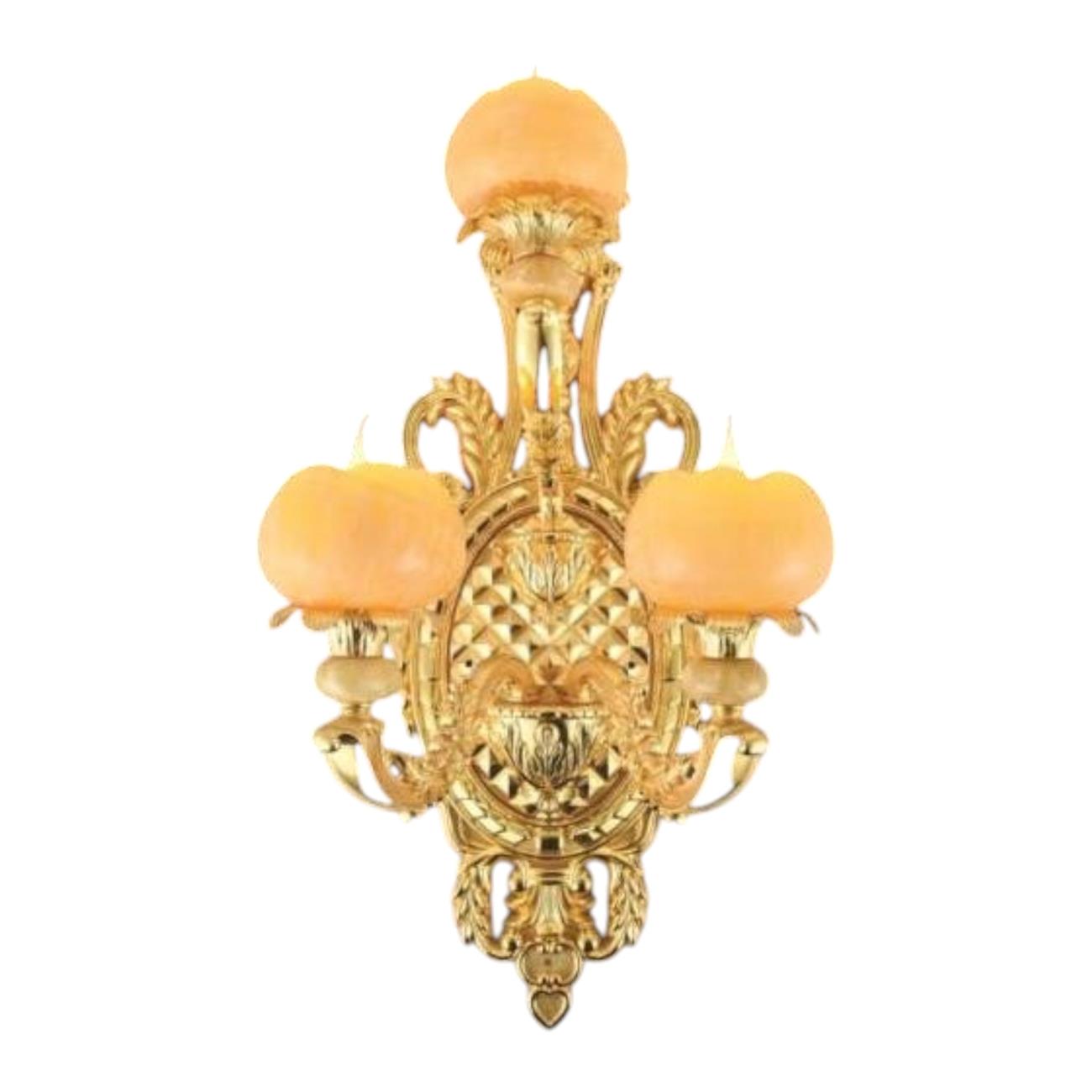 Đèn vách nến chao đá thiên nhiên, thân xi vàng 24K, E14*3-Ø400*H700