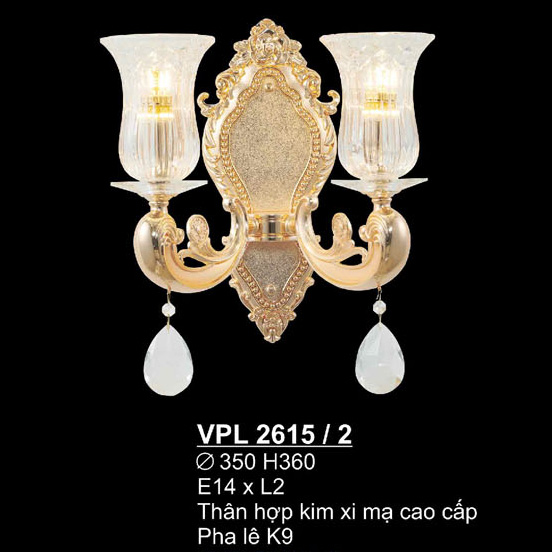 Đèn vách pha lê K9, thân hợp kim mạ cao cấp SANO Ø350*H360 - E14*L2
