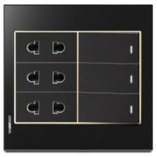 Bộ 3 công tắc 1 chiều và 3 ổ cắm 2 chấu Grimma, mặt kính cường lực đen G6 series G6GLBK313SK2