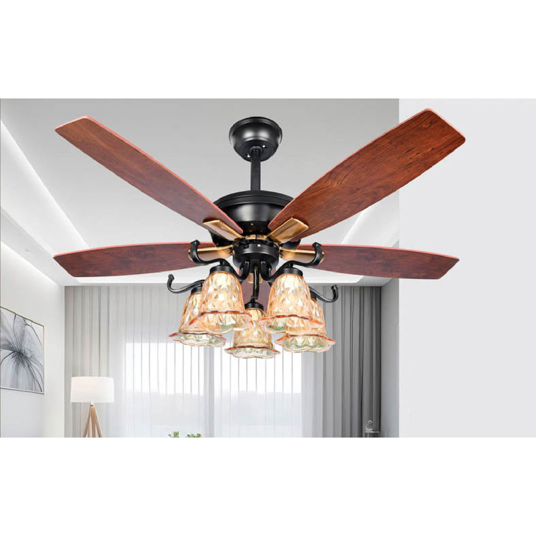 Quạt đèn trang trí Andora 5 cánh gỗ W1320 x H650 - E27*5