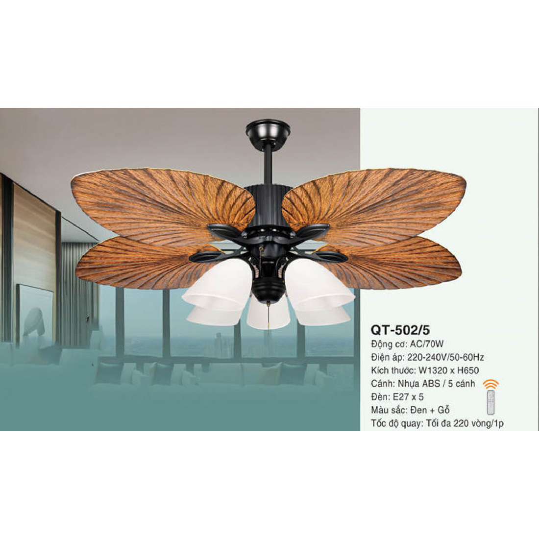 Quạt đèn trang trí Andora 5 cánh nhựa ABS W1320 x H650 - E27*5