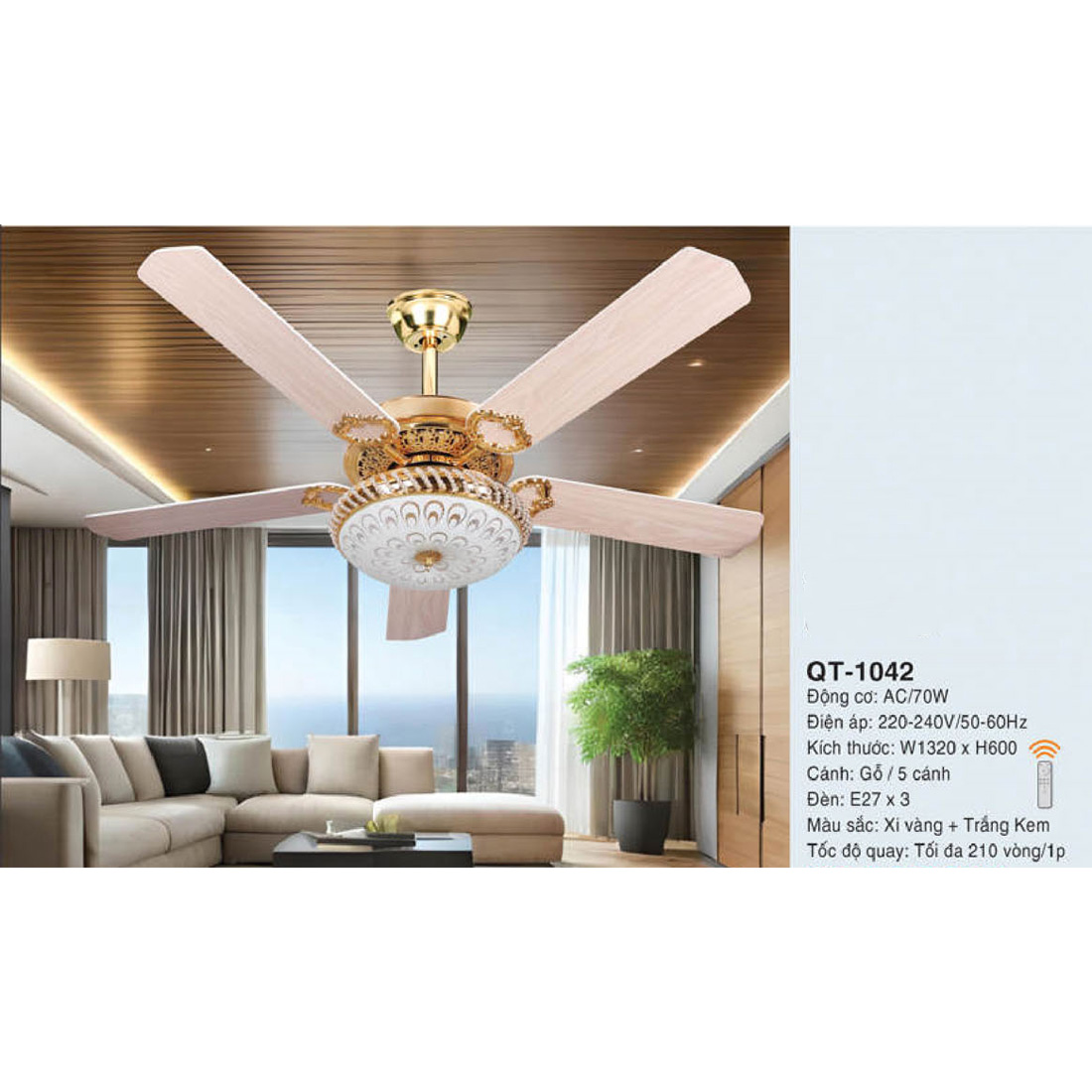 Quạt đèn trang trí Andora 5 cánh gỗ W1320 x H600 - E27*3