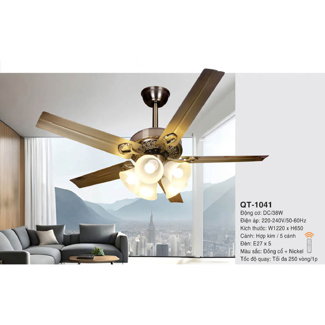 Quạt đèn trang trí Andora 5 cánh hợp kim W1220 x H650 - E27*5