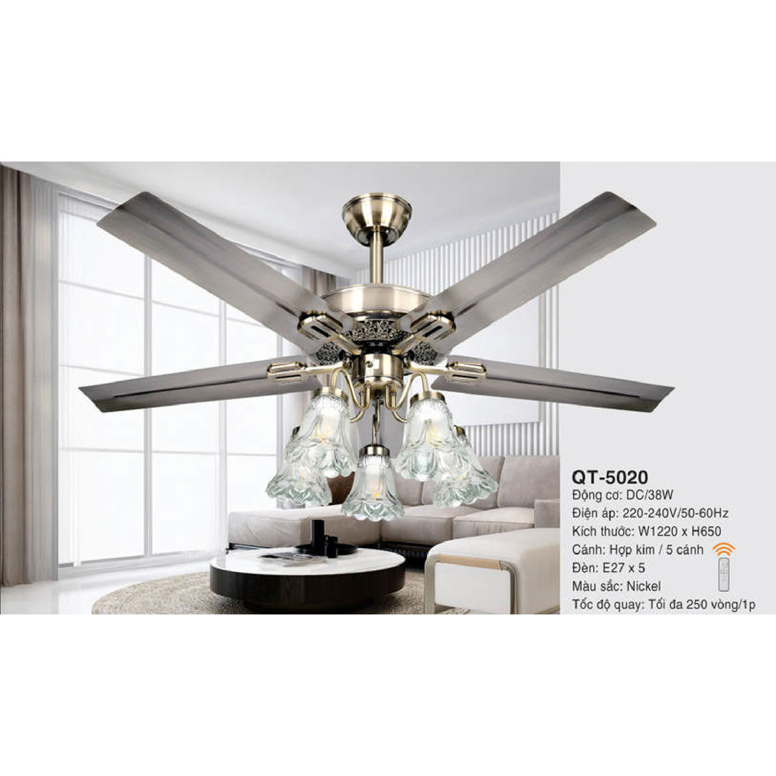 Quạt đèn trang trí Andora 5 cánh hợp kim W1220 x H650 - E27*5