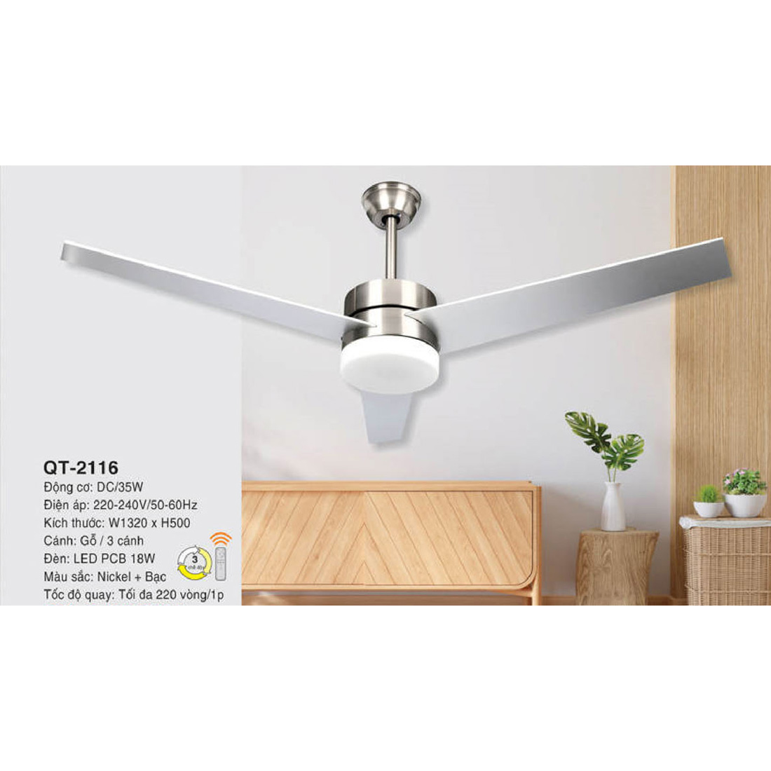 Quạt đèn trang trí Andora 3 cánh gỗ W1320 x H500 - LED PCB 18W - 3 CĐ