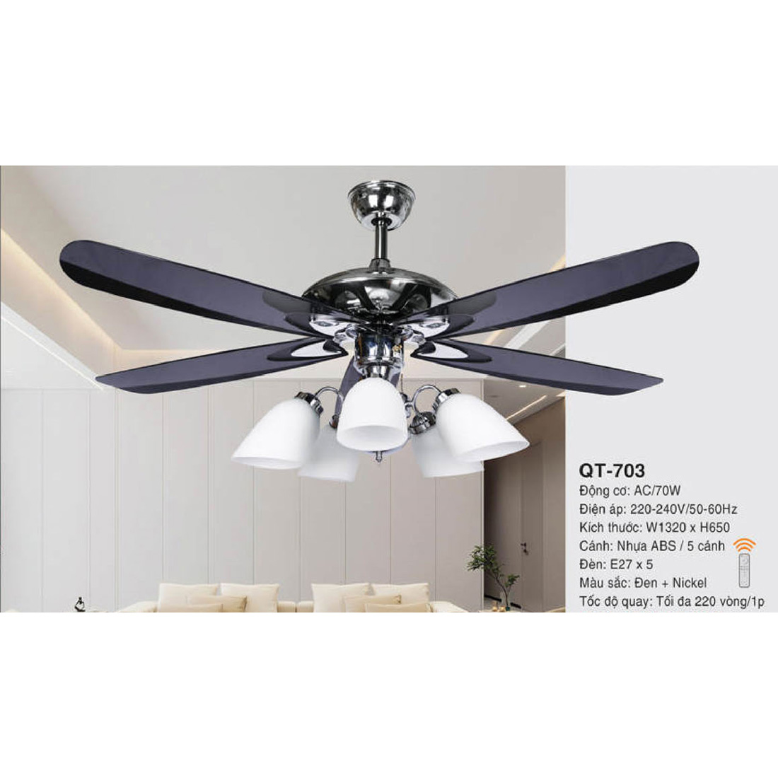 Quạt đèn trang trí Andora 5 cánh nhựa ABS W1320 x H650 - E27*5