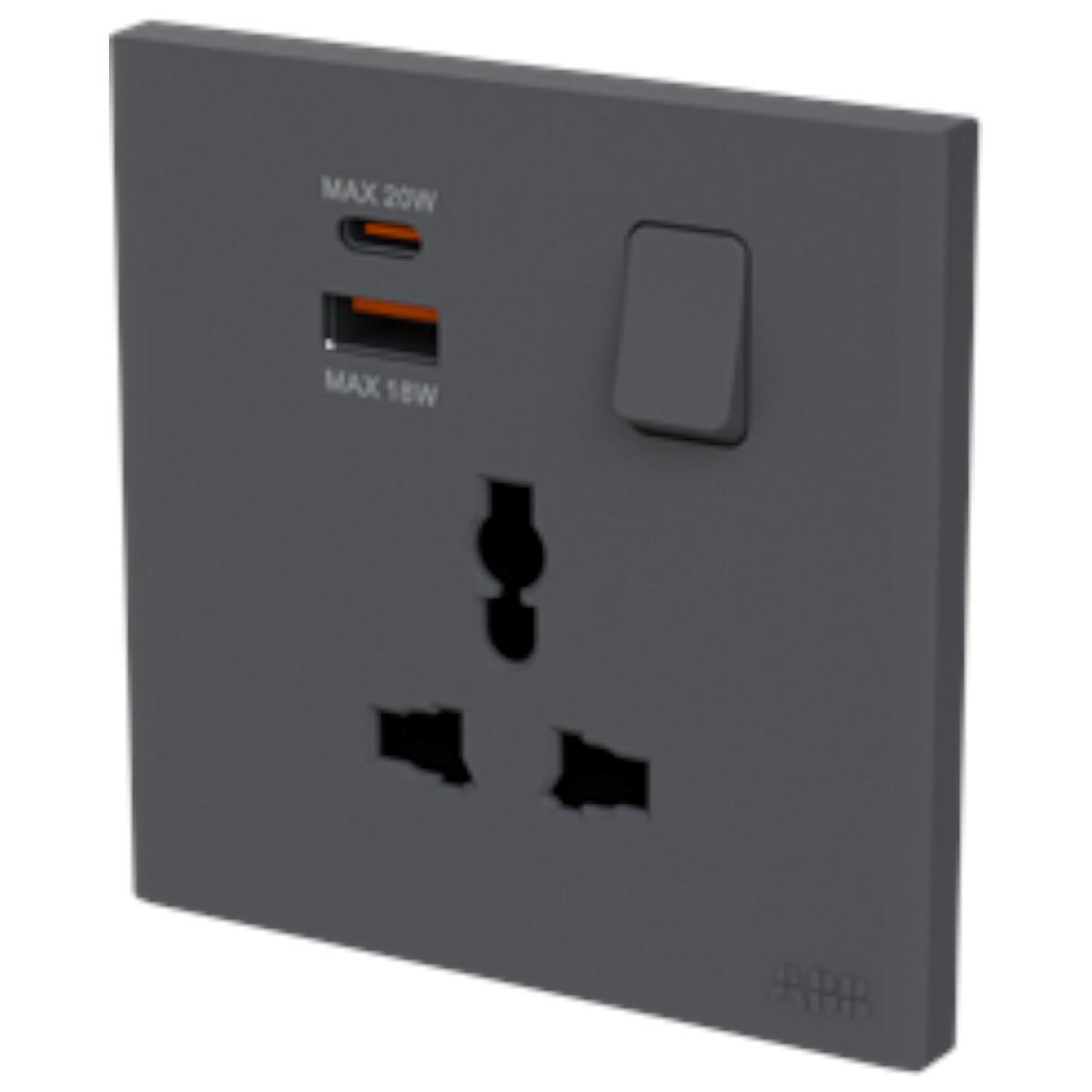 Bộ ổ cắm đa năng đơn ABB Framia BC251 16A kèm công tắc và cổng sạc type A+C