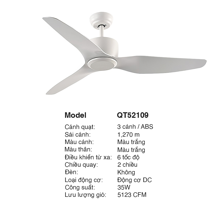 Quạt trần 3 cánh 355 Decor QT52109 màu trắng