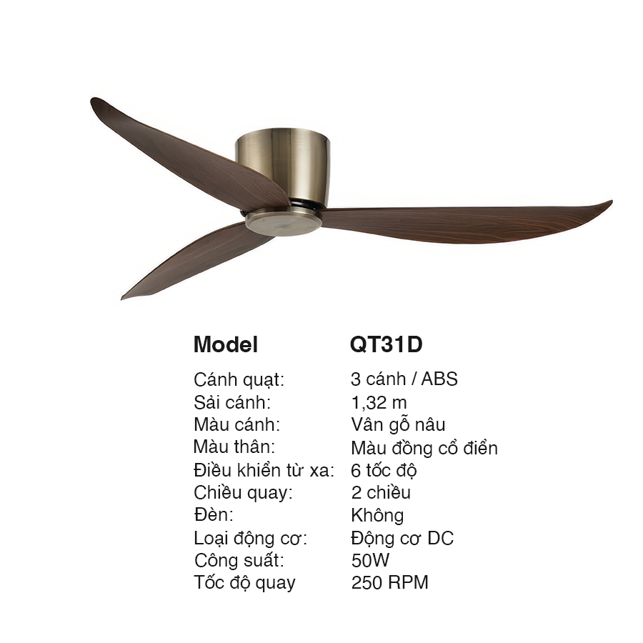 Quạt trần cánh gỗ sáng, thân màu đồng cổ điển đường kính 1320mm - công suất 50W