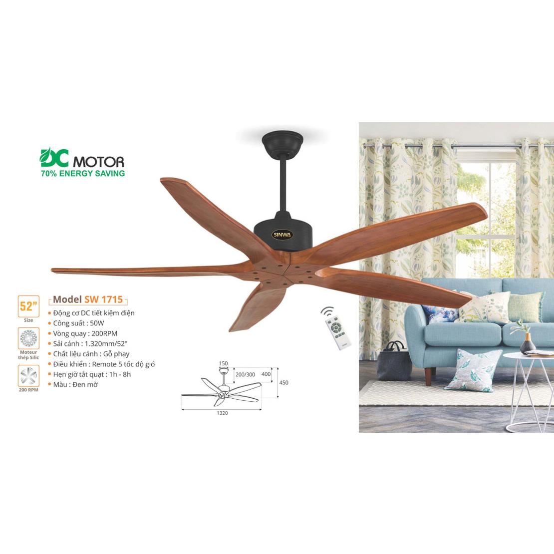Quạt trần Sinwa 5 cánh gỗ phay SW1715 màu nâu DC