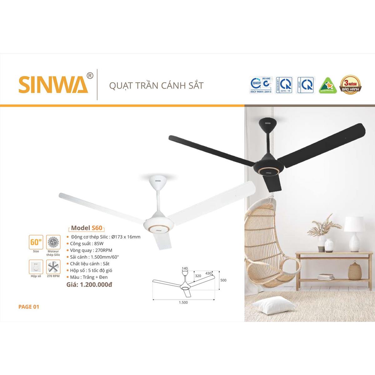 Quạt trần Sinwa 3 cánh sắt S60 màu trắng