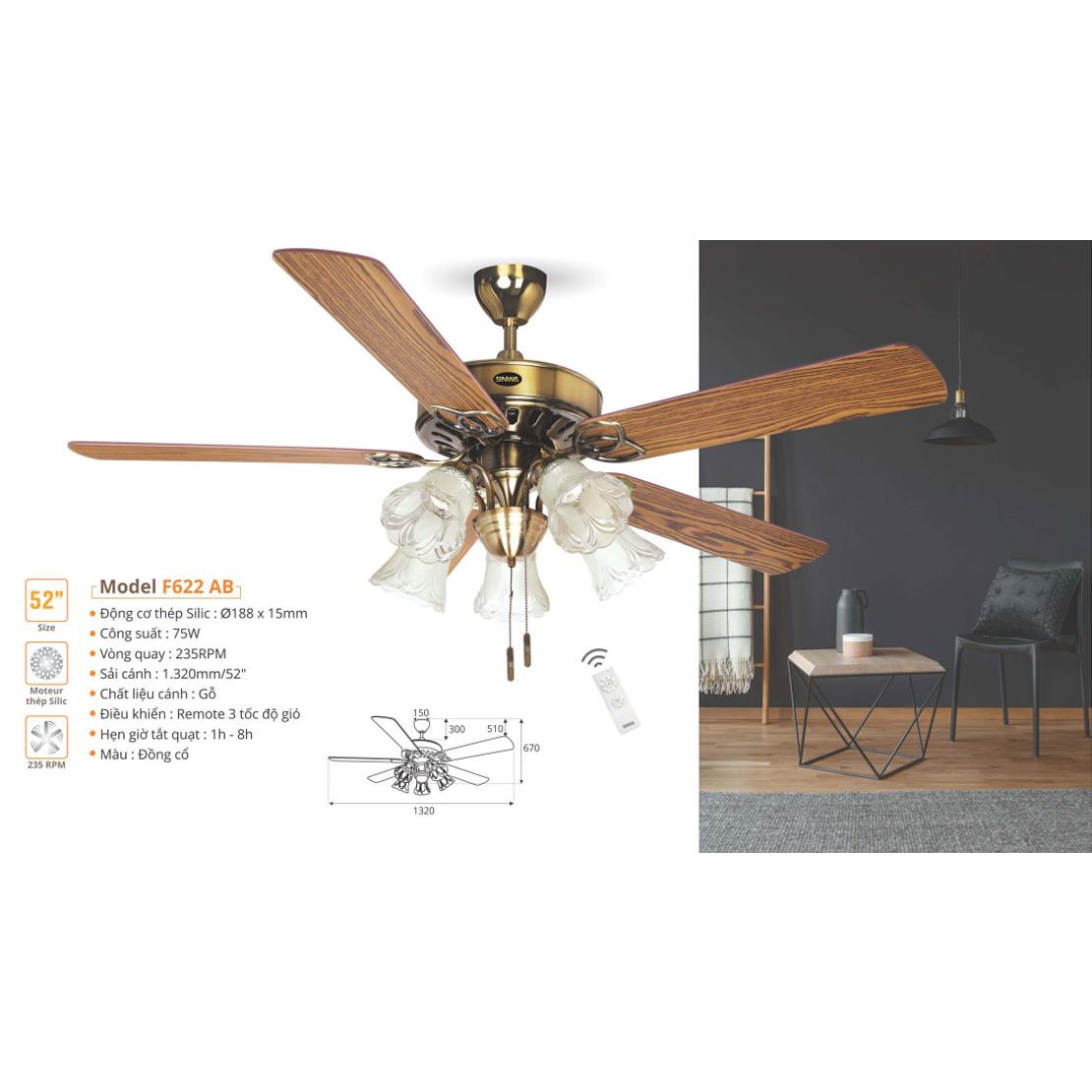 Quạt trần 5 cánh gỗ có đèn Sinwa F622 AB