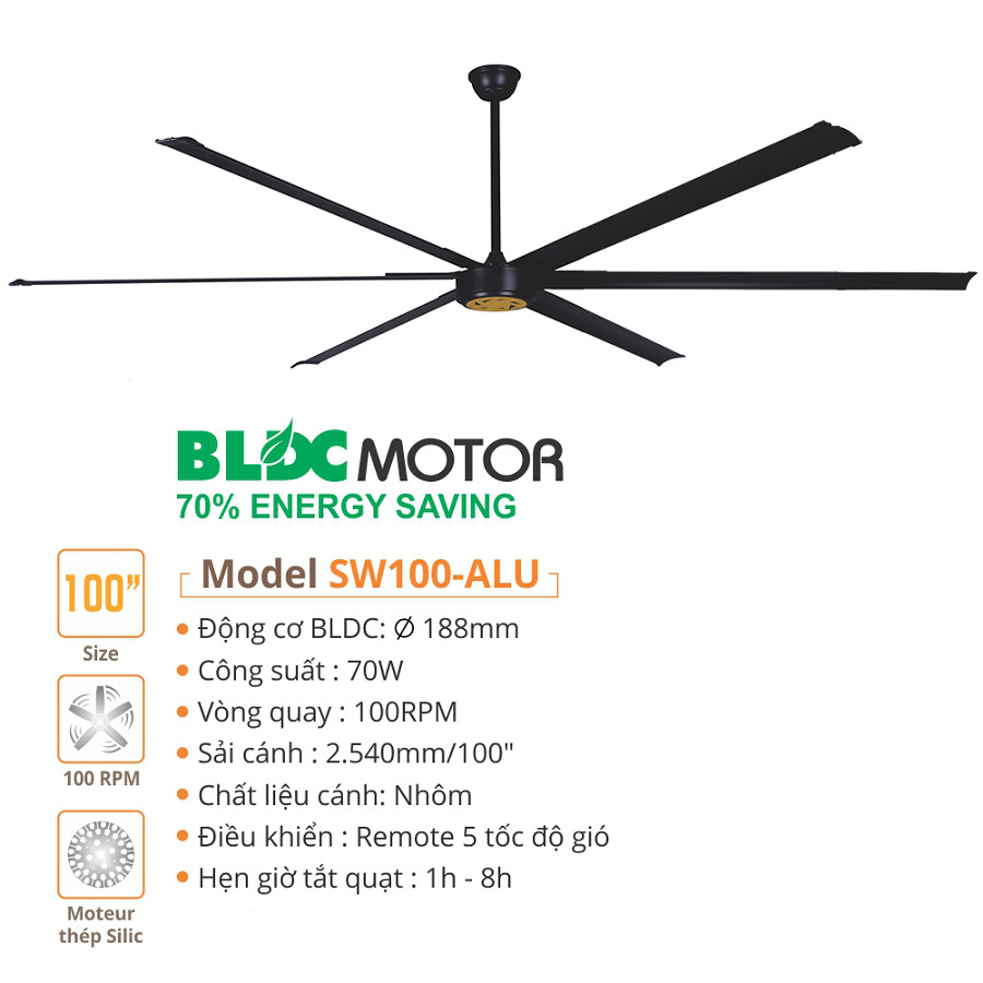 Quạt trần Sinwa 6 cánh sải lớn SW100-ALU
