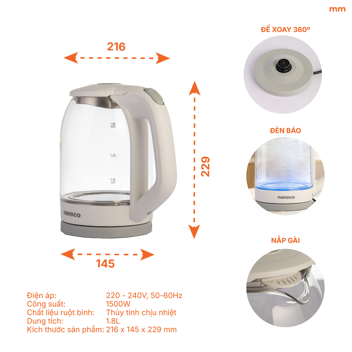 Bình đun nước siêu tốc NANOCO NKT1875W