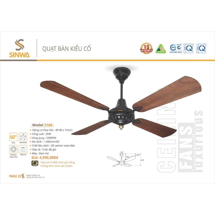 Quạt trần Sinwa 4 cánh gỗ kiểu cổ S168