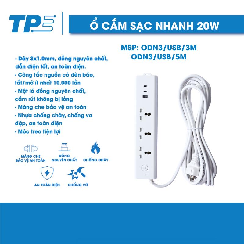 Ổ cắm điện đa năng Tiến Phát ODN3 (3 ổ cắm 2 chấu + USB TYPE C)