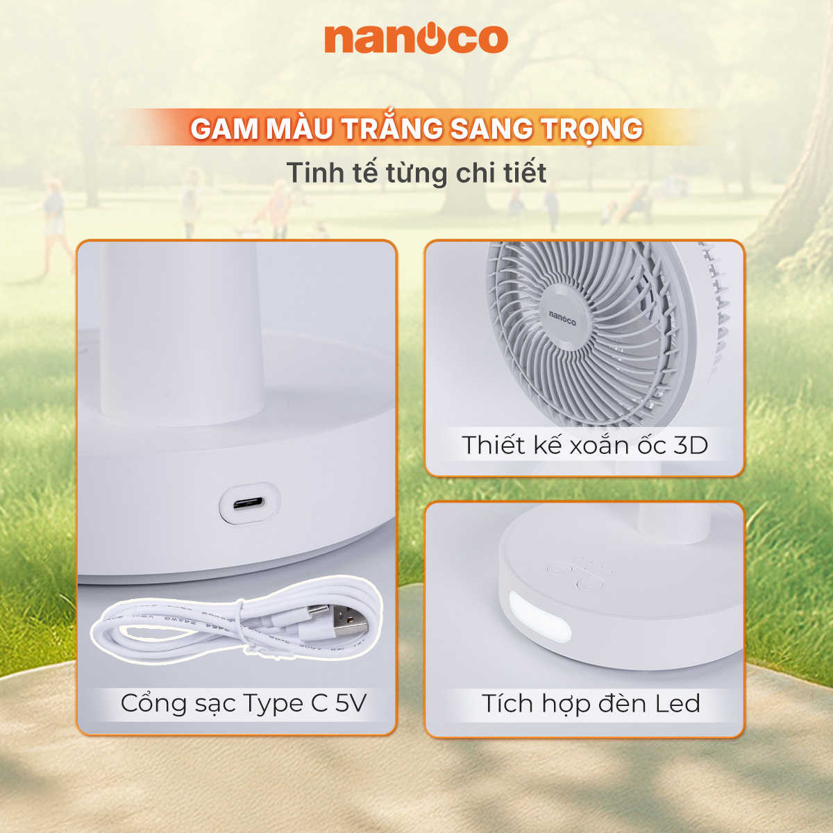 Quạt sạc điện Nanoco NRF6536W (màu trắng)