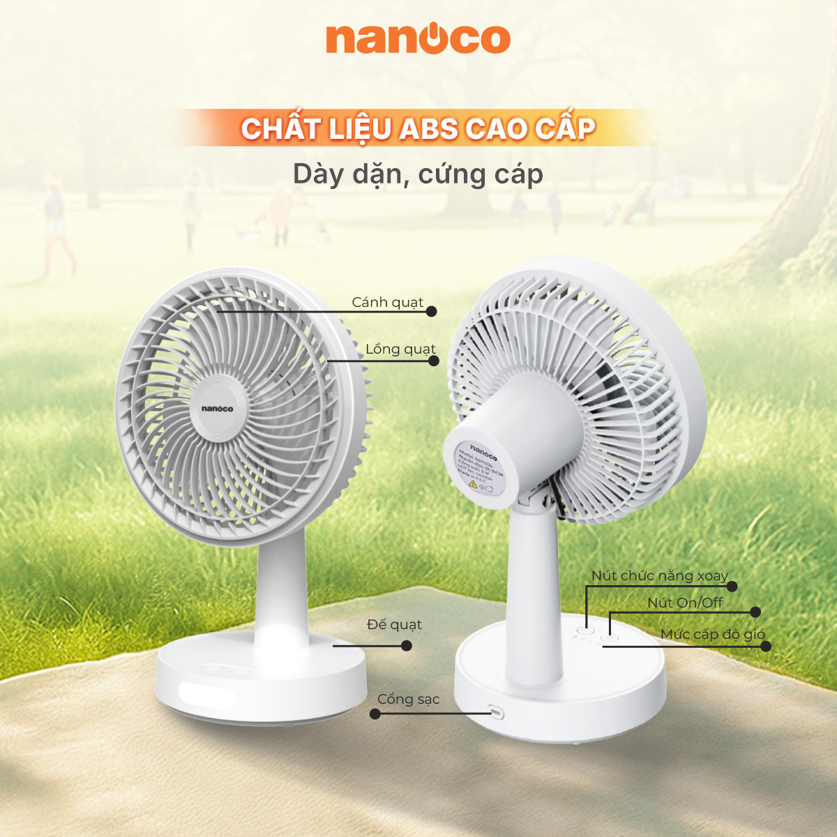 Quạt sạc điện Nanoco NRF6536W (màu trắng)