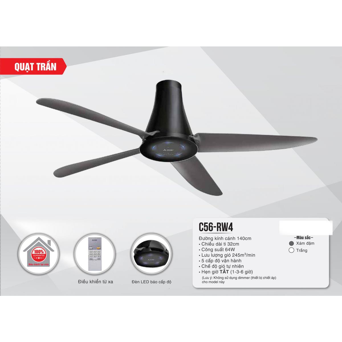 Quạt trần đèn 4 cánh Mitsubishi C56-RW4 Ø1400mm