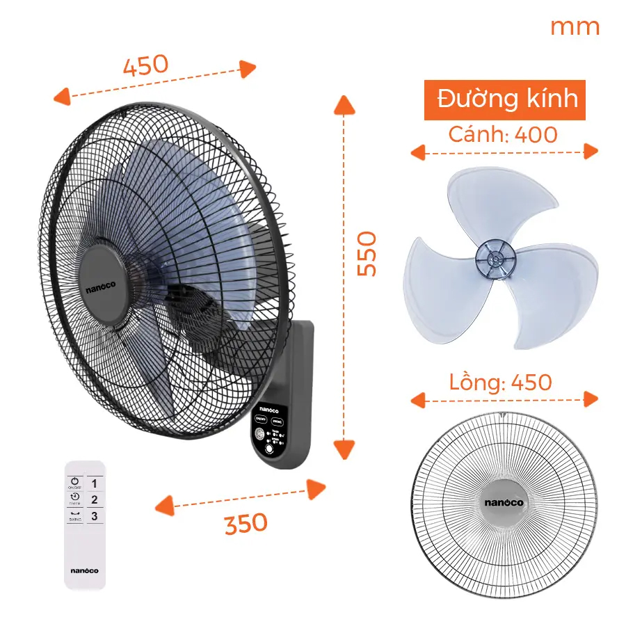 Quạt tường Nanoco NWF1615RC-GR Ø40cm màu ghi