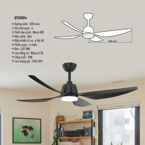 Quạt Trần Led 18W cánh nhựa ABS màu đen