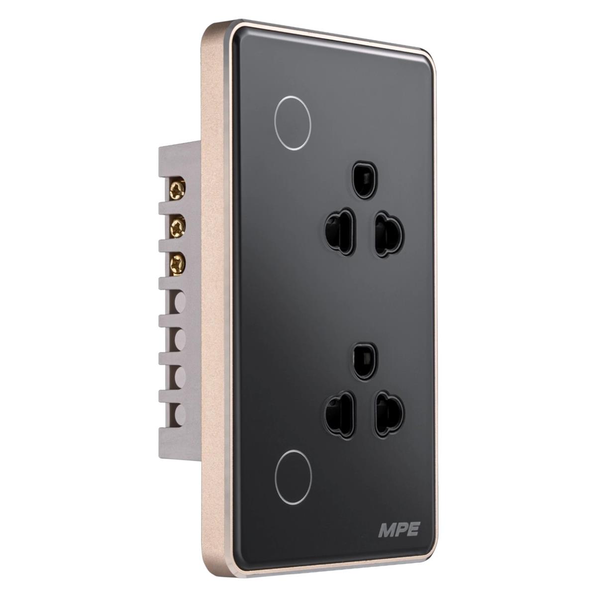 Mặt ổ cắm đôi 3 chấu viền vàng MPE điều khiển Wifi màu đen