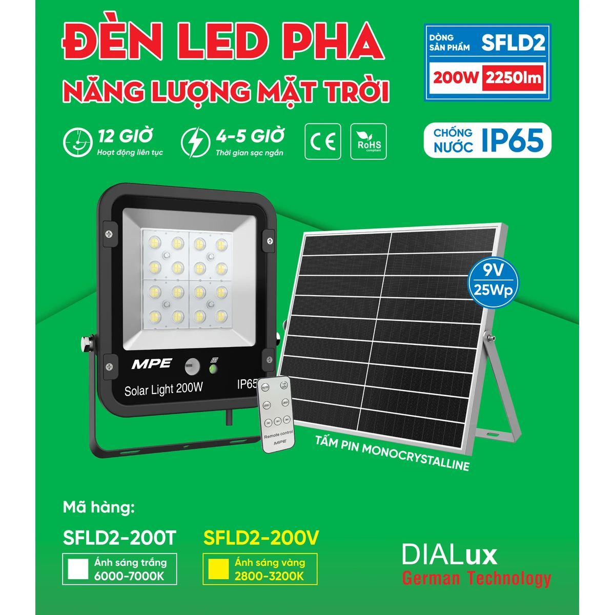 Đèn Led Pha năng lượng mặt trời MPE Seri SFLD2 200W
