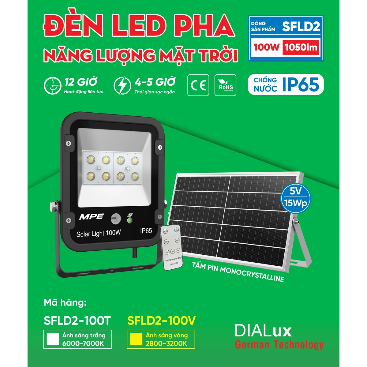 Đèn Led Pha năng lượng mặt trời MPE Seri SFLD2 100W