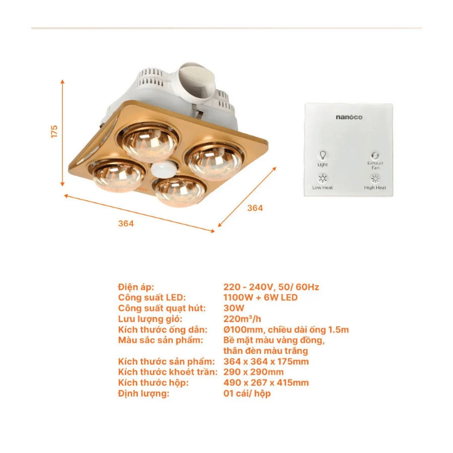 Đèn sưởi âm trần Nanoco NBHR401G 1100W