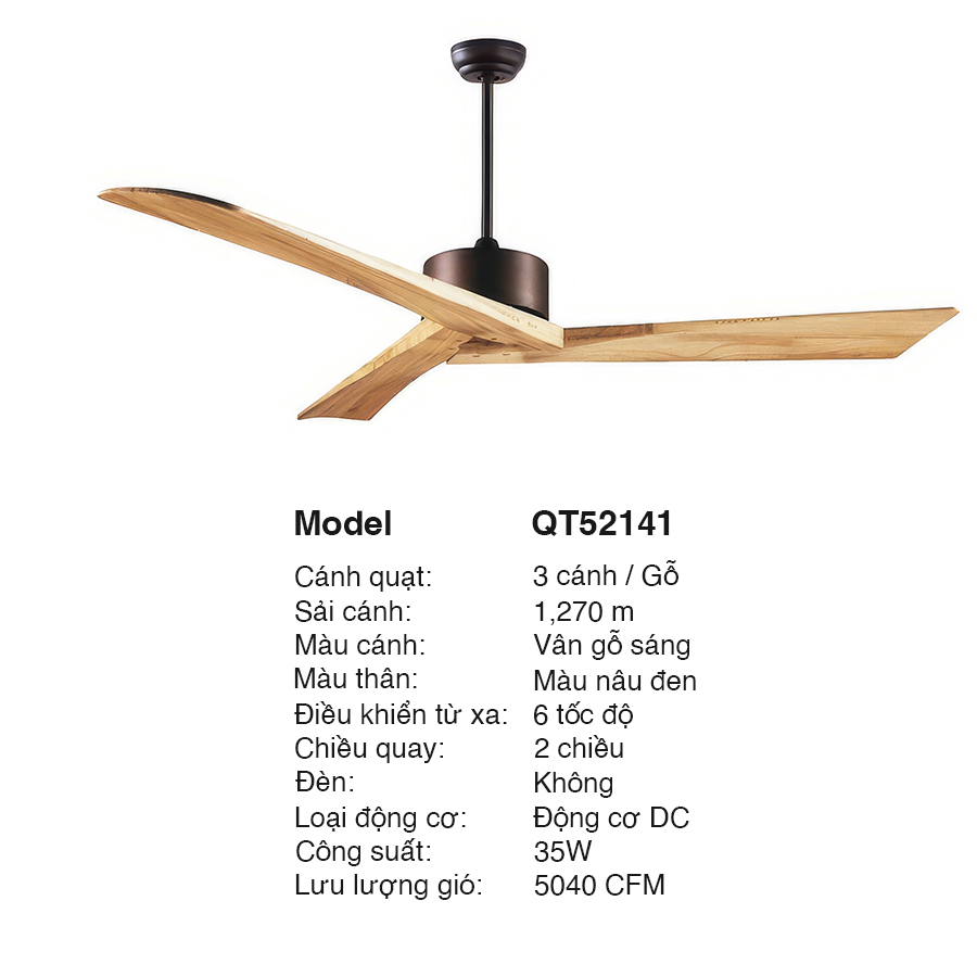 Quạt trần cánh gỗ 355 Decor QT52141 3 cánh