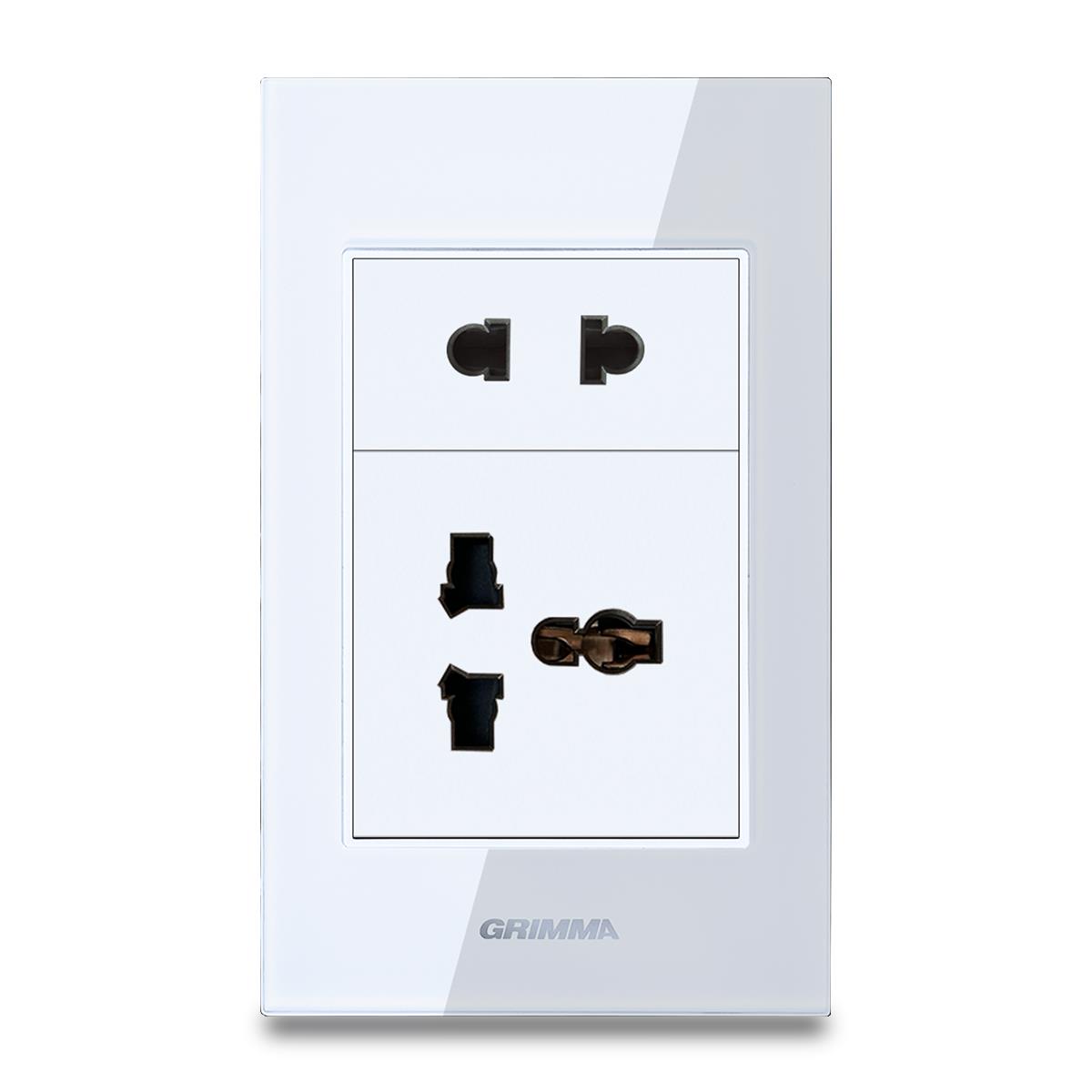 Bộ ổ cắm 2 chấu + 3 chấu Grimma, mặt kính cường lực G6 series G6GLBSK2SK3