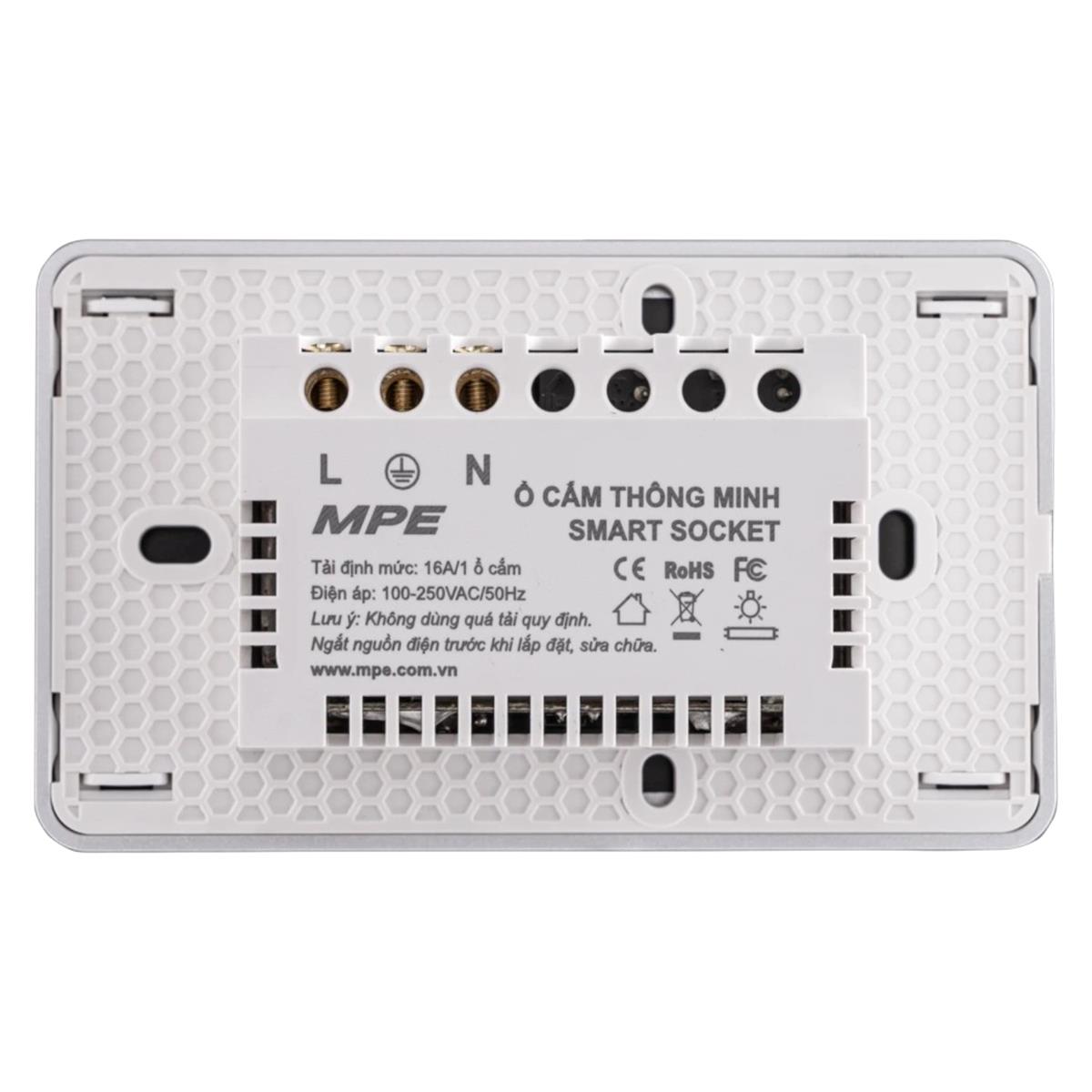 Mặt ổ cắm đôi 3 chấu màu trắng viền bạc MPE, điều khiển Wifi