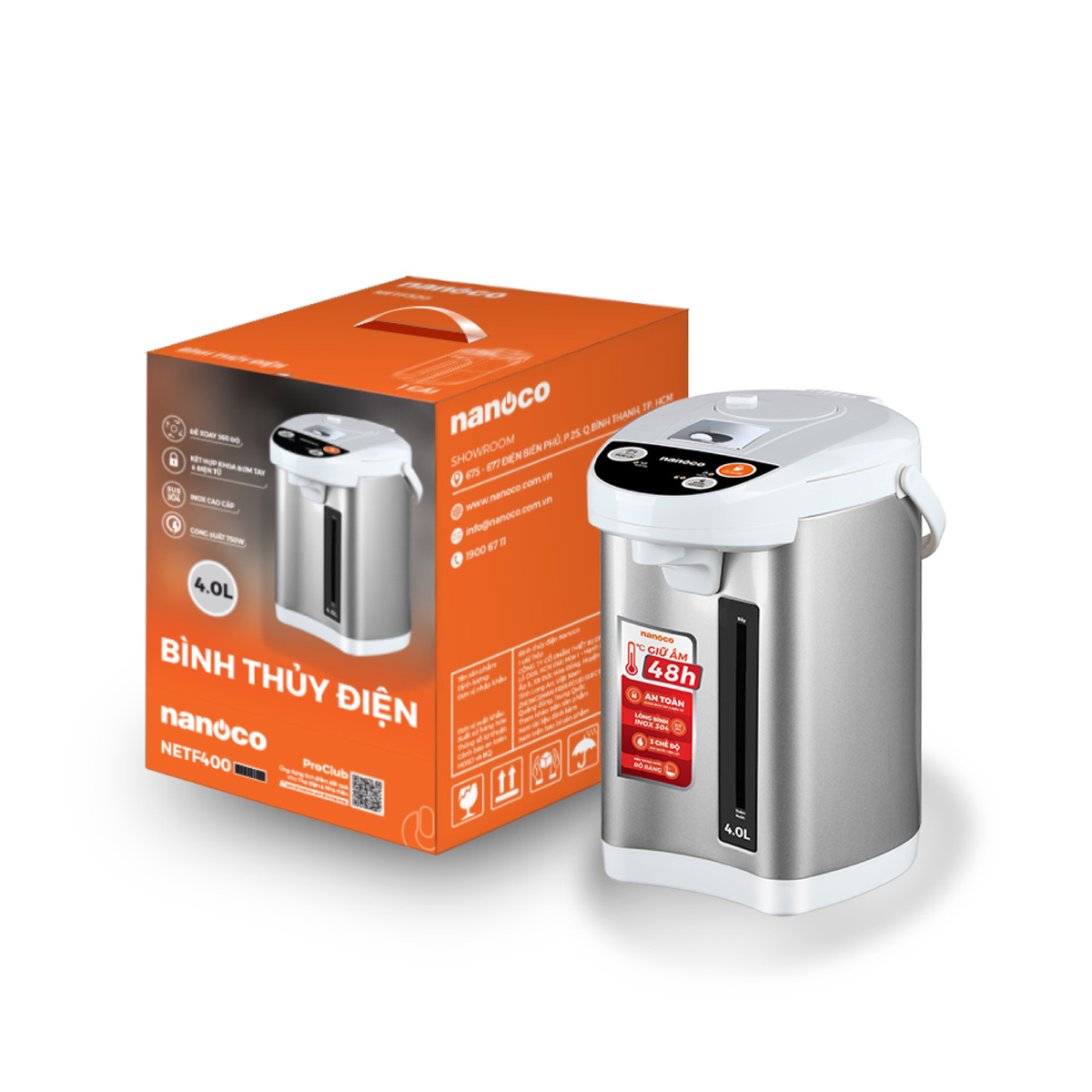 Bình thủy điện Nanoco NETF400 màu Bạc
