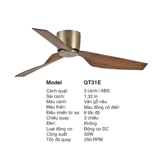 Quạt trần cánh nhựa ABS vân gỗ nâu, thân màu đồng cổ điển đường kính 1320mm - công suất 50W