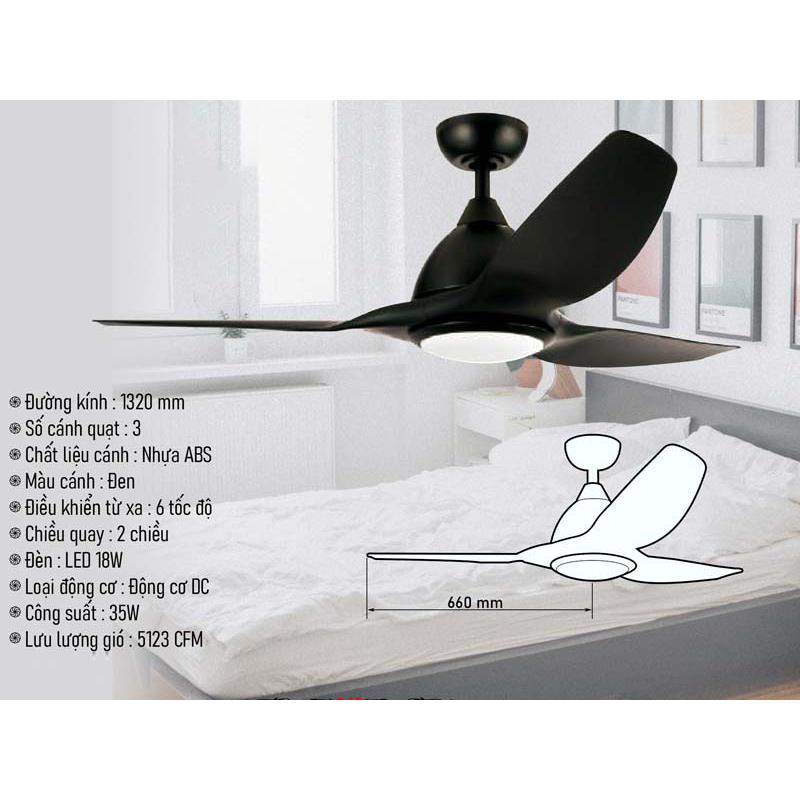 Quạt trần đèn 3 cánh 355 Decor QT52153