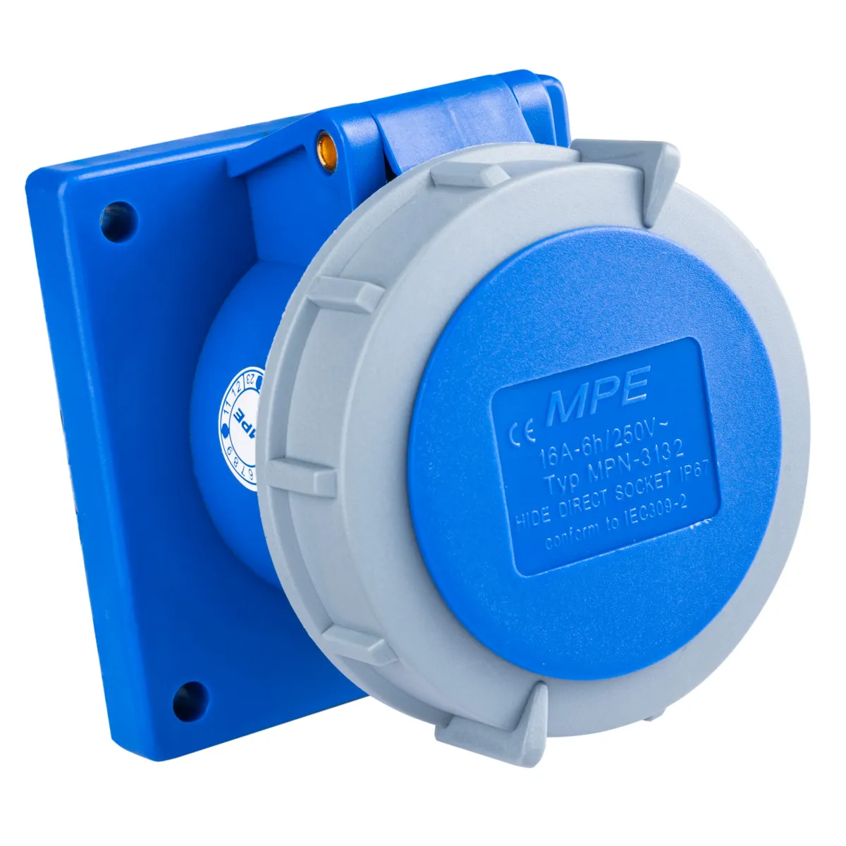Ổ cắm công nghiệp 1 pha MPE loại cố định bắt trên bảng điện 240V 2P+E IP67