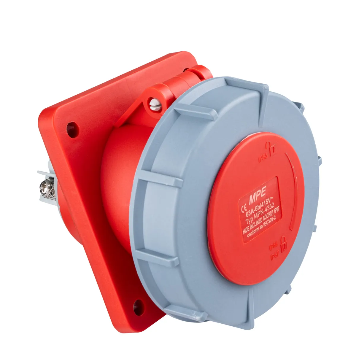 Ổ cắm công nghiệp 3 pha MPE loại cố định bắt trên bảng điện loại xéo 63A 318-415V 3P+N+E IP67